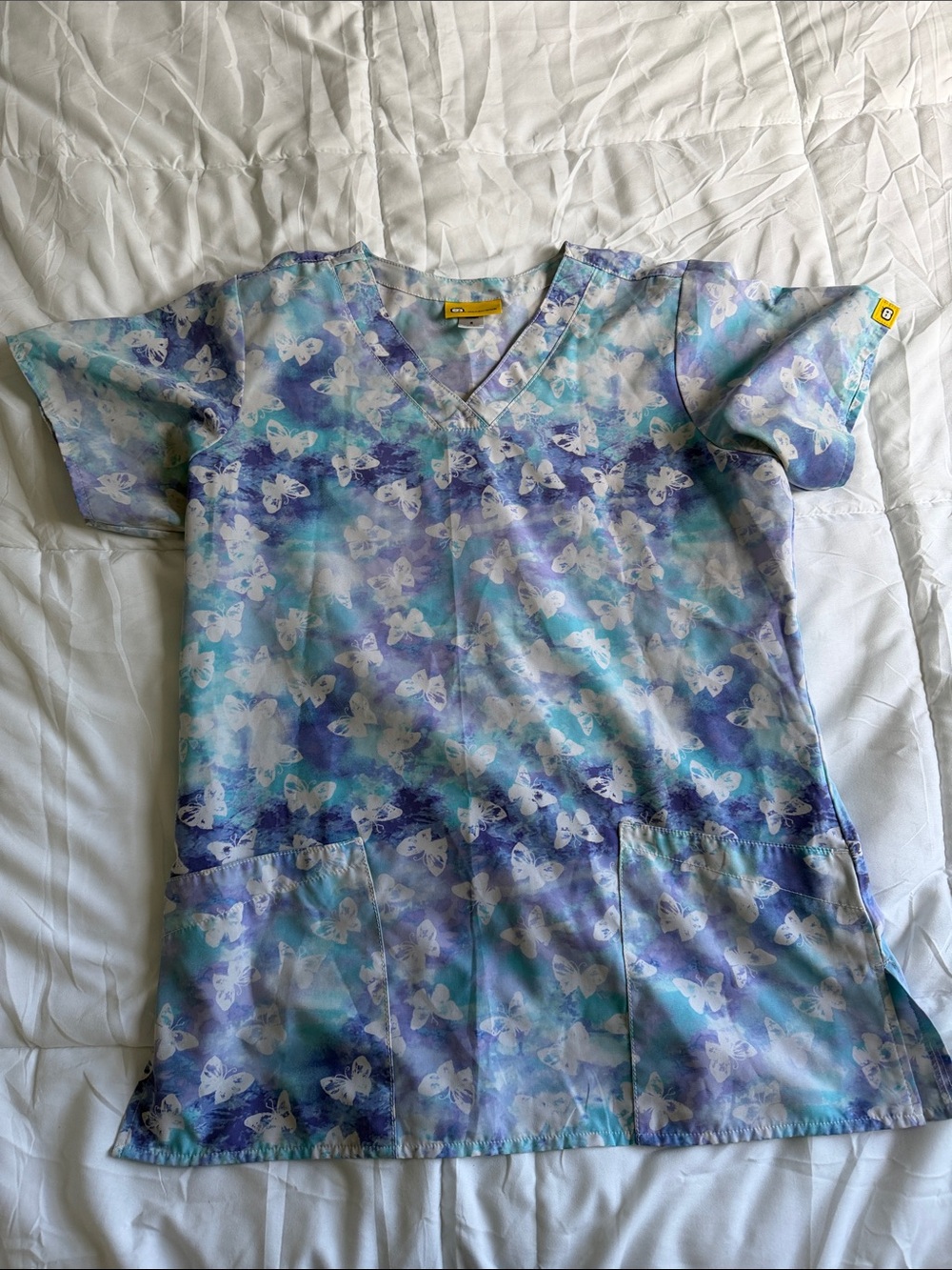Wonderwink Butterfly Print Scrub Top - Blue & Lavender